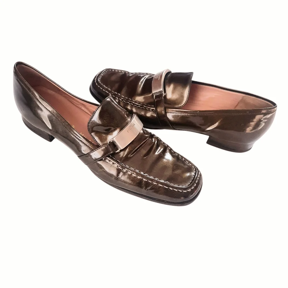 Vintage Y2K PRADA Patent Leather Square Toe Classic Loafers Sz 9.5/40 Dk Olive - Picture 4 of 10